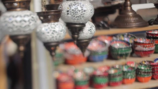hand made lanterns with painted glass and ceramic saucer to turkish market
