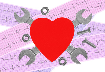 Heart and tools over electrocardiogram graph. Concept: Renovatio