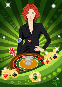 Confident lucky beautiful girl throws chips while spinning roulete. Design concept for gambling luck ans successful play. Use for print products, page and web decor or other design.