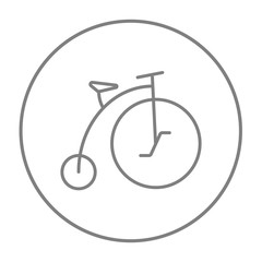 Old bicycle with big wheel line icon.