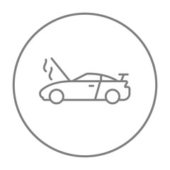 Broken car with open hood line icon.