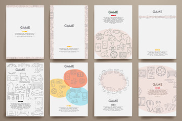 Corporate identity vector templates set with doodles gaming theme