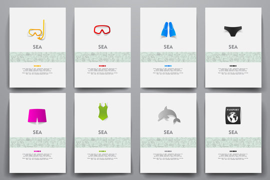 Corporate identity vector templates set with doodles sea theme