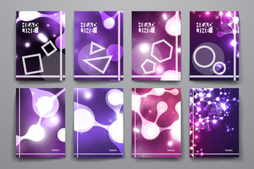 Set of brochure, poster design templates in neon molecule structure style