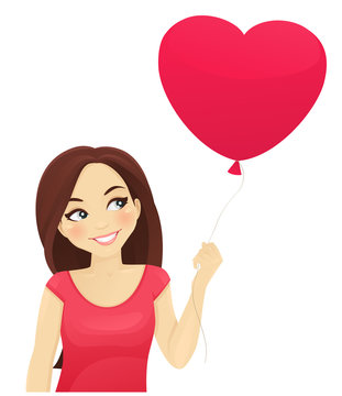 Cute girl thinking about love with heart balloon