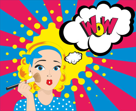 WOW bubble pop art surprised woman face with open mouth. Makeup.