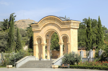 Fototapeta na wymiar Territory of Holy Trinity Cathedral (Tsminda Sameba). Tbilisi, Georgia