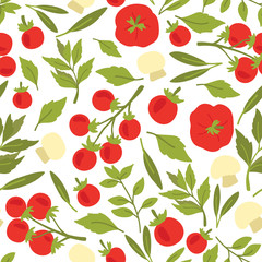 Vector seamless pattern of tomatoes, herbs and mashrooms