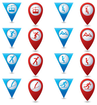 Winter sport icons set on blue and red map pointers.
