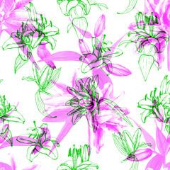 Bouquets of tropical pink lilies with hummingbirds. Seamless floral pattern, hand painted watercolor and line art. Blended effect. Isolated on white background. Fabric texture. Wallpaper.