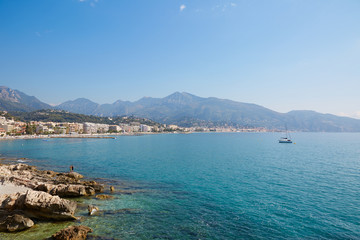 Blue sea of the French riviera coast in summer, Cap Martin
