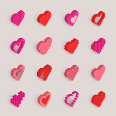 isometric hearts vector icons set