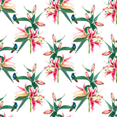 Bouquets of tropical pink lilies with hummingbirds. Seamless floral pattern, hand painted watercolor. Diamond layout. Isolated on white background. Fabric texture. Wallpaper.