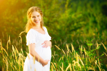 Fototapeta na wymiar beautiful pregnant woman in summer nature meadow in sunset