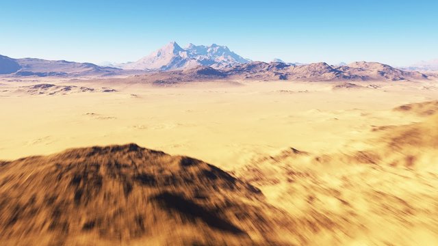 Flight over the desert landscape, red planet