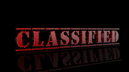 Classified in red, 3D stamp isolated on black background
