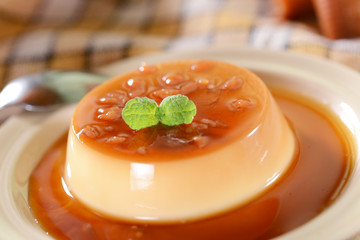 Panna cotta dessert with caramel sauce