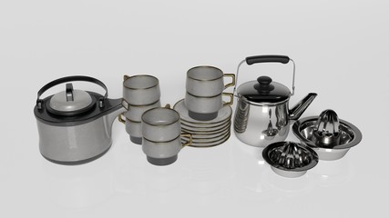Tea set, teapots with tea cups, saucers and lemon squeezer isolated on white background