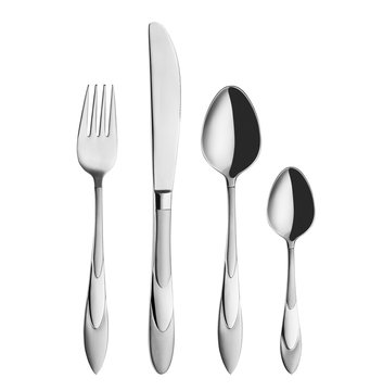 Modern, elegant fork, spoon, teaspoon and knife isolated on white