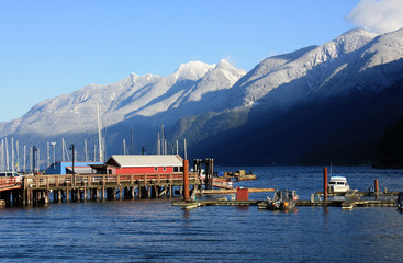 Early morning winter landscape in Horseshoe Bay, British Columbia, Canada. Hat, Brunswick and Harvey Mountains in the background.