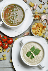 Soup bowls composition with text copy space mushroom cream and f