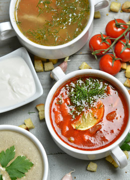 Soup bowls composition with text copy space mushroom cream soup
