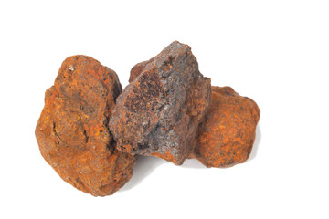macro shooting of specimen natural rock - specimen of hematite (haematite, iron ore) mineral stone isolated on white background
 - obrazy, fototapety, plakaty