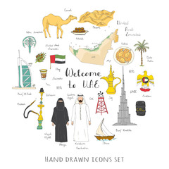 Hand drawn doodle UAE set Vector illustration Sketchy Emirati food icons United Arab Emirates elements, Flag Dubai Abu Dhabi Burj Al Arab Burj Khalifa Camel Oil Abaya Hijab Kandura Muslim Travel icons