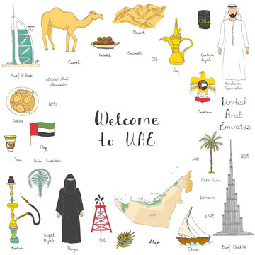 Hand drawn doodle UAE set Vector illustration Sketchy Emirati food icons United Arab Emirates elements, Flag Dubai Abu Dhabi Burj Al Arab Burj Khalifa Camel Oil Abaya Hijab Kandura Muslim Travel icons