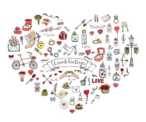 Hand drawn doodle Love and Feelings collection Vector illustration Sketchy Love icons Big set of icons for Valentine's day, Mothers day, wedding, love and romantic events Hearts hands cupid bouquet