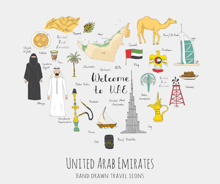 Hand drawn doodle UAE set Vector illustration Sketchy Emirati food icons United Arab Emirates elements Arabic Dubai Abu Dhabi Burj Al Arab Khalifa Camel Oil Abaya Hijab Kandura Muslim Travel icons