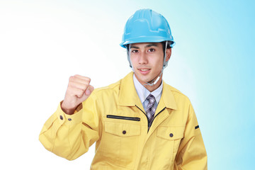 ガッツポーズの労働者