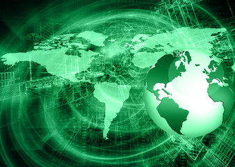 World map on a technological background, glowing lines symbols of the Internet, radio, television, mobile and satellite communications.