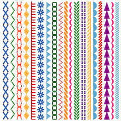 Embroidery stitches vector seamless patterns and borders set. Ethnic ornament fabric textile, vector illustration