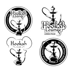 Hookah labels, logos and emblems vector set for hookah lounge or shisha bar. Badge element, aroma leisure, vector illustration