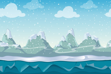 Seamless cartoon winter vector landscape for computer game. Snow and sky mountain, outdoor environment illustration