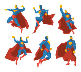 Superhero silhouettes vector character set. Super power, strength polygonal multi-faceted man illustration