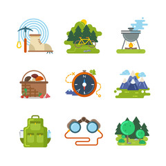 Flat camping outdoor vector icons. Travel activity, equipment and adventure illustration