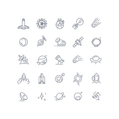 Space and astronomy vector line icons. Satellite and comet, technology connection on orbit, celestial and moonwalker, exploration galaxy illustration