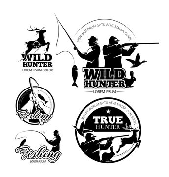 Vintage hunting and fishing vector labels, logos and emblems set. Deer and rifle, rod and aiming illustration