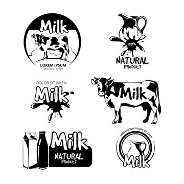 Milk logo and emblems vector set. Label product, farm dairy, cow and fresh natural beverage illustration