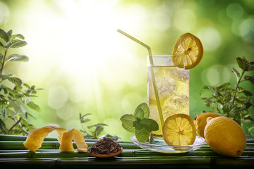 Refreshing drink with mint and lemon in nature