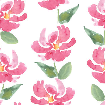 Red Watercolor Flowers Seamless Pattern.