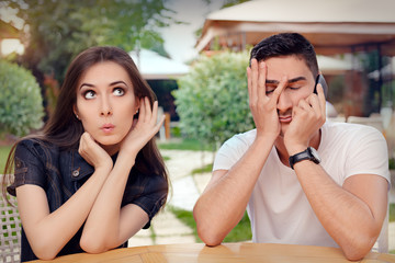 Curious Girl Listening to Her Boyfriend Talking on The Phone