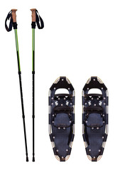 Snowshoes and trekking poles isolated on white background