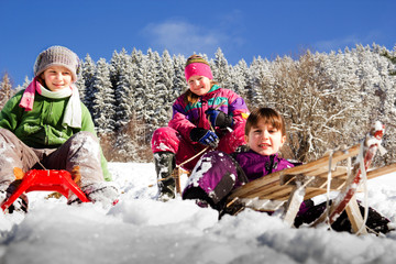 Fototapeta na wymiar Happy children sledding at winter time. Group of children spending a nice time in snowy mountain