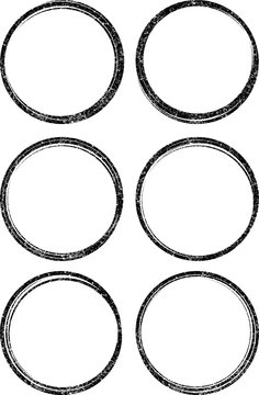 Set of six black round grunge vector templates for rubber stamps