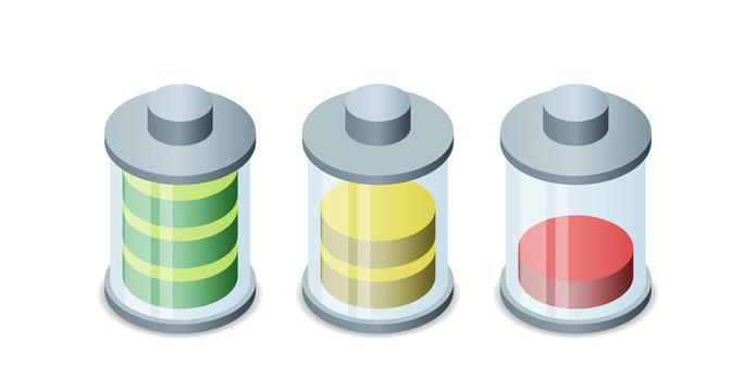set of stylish isometric battery charge icons isolated in white