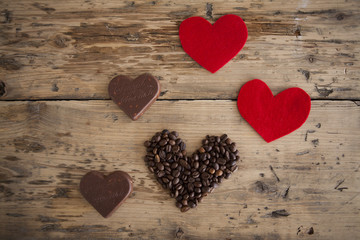 Coffee beans and red heart and chocolate