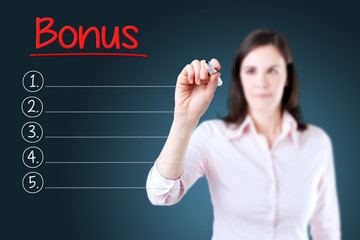 Business woman writing blank Bonus list. Blue background. 